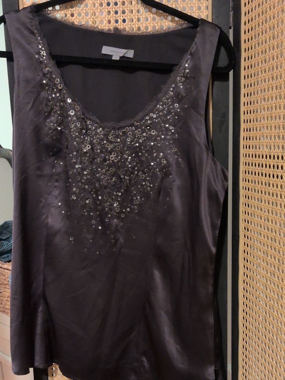 Sleeveless Sequin Scoop Neck Satin Tank Top - Black